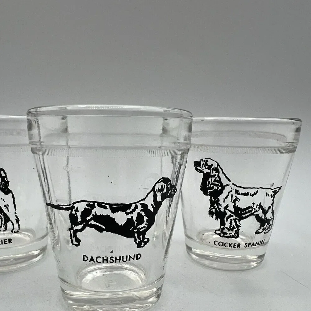 Set 4 Hazel Atlas Dog Shot Glasses Man Cave Bar Boxer Dachshund Terrier Spaniel